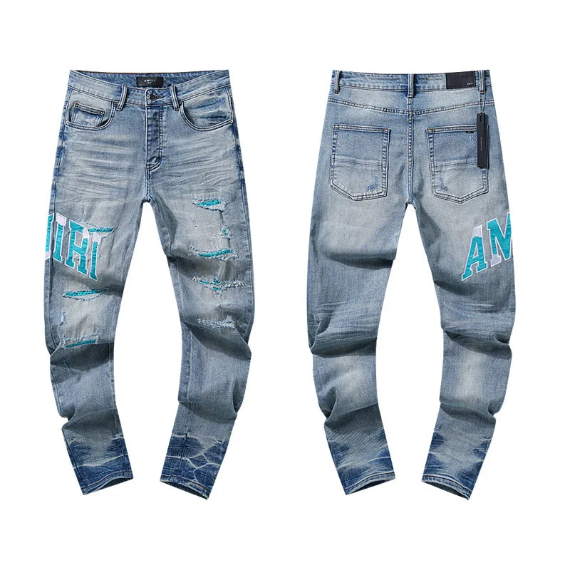 High Quality Luxury Designer Brand Amiriy Vintage Summer Mid Slim Fit Distressed Rhinestone 100% Cotton Denim Jeans Streetwear