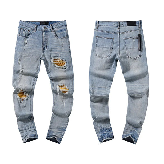 High Quality Luxury Designer Brand Amiriy Vintage Summer Mid Slim Fit Distressed Rhinestone 100% Cotton Denim Jeans Streetwear
