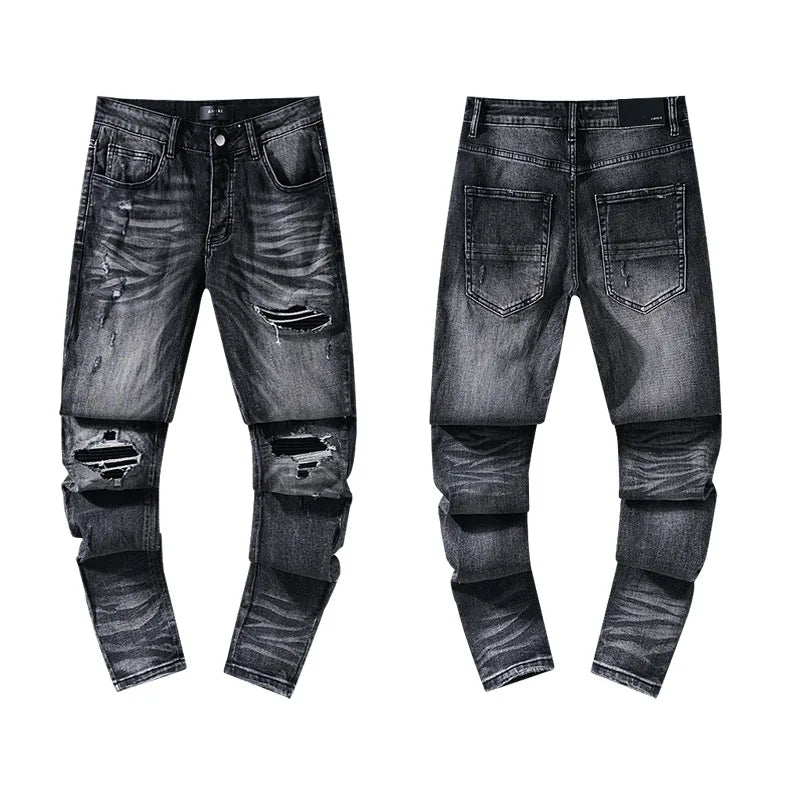 High Quality Luxury Designer Brand Amiriy Vintage Summer Mid Slim Fit Distressed Rhinestone 100% Cotton Denim Jeans Streetwear