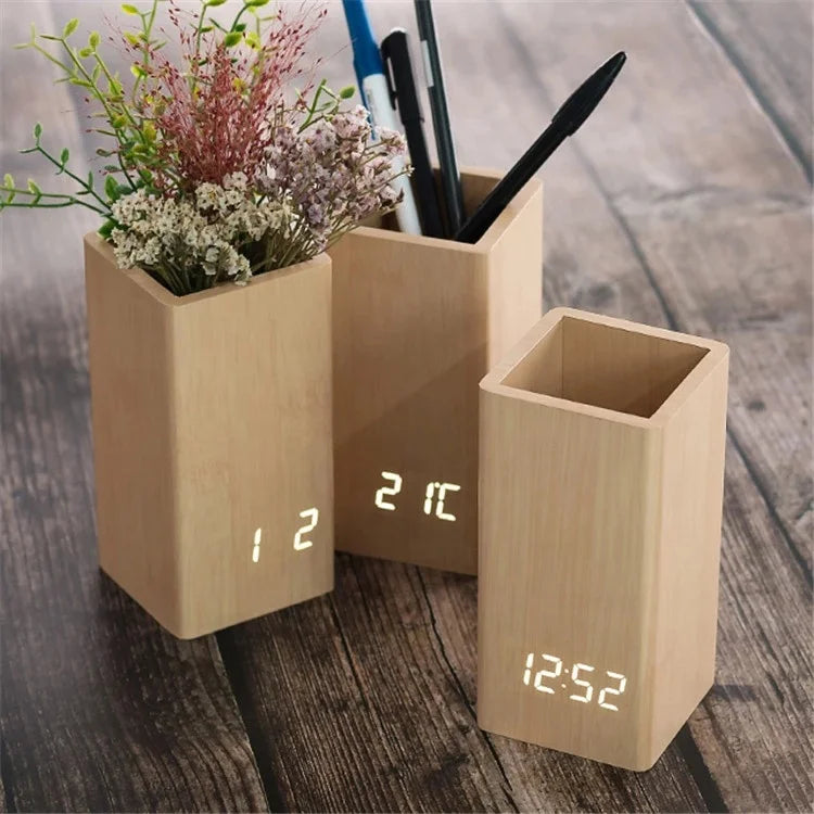 Wooden Alarm Clock Digital Temperature Pen Holder Table Clock for Gift Promotion with Cheapest Price Led Desk Clock logo Custom