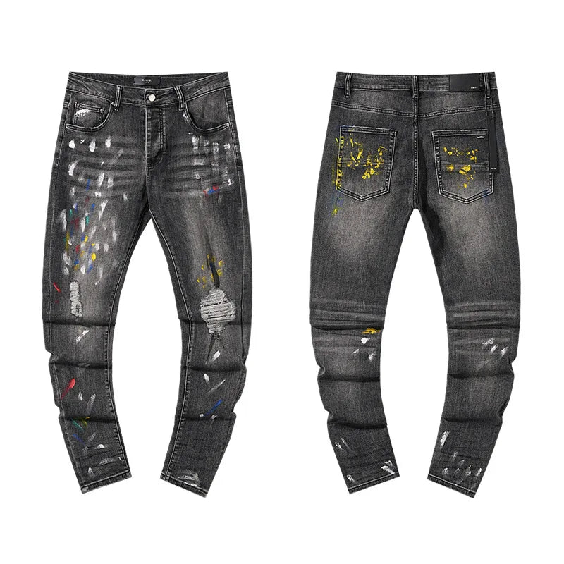 High Quality Luxury Designer Brand Amiriy Vintage Summer Mid Slim Fit Distressed Rhinestone 100% Cotton Denim Jeans Streetwear