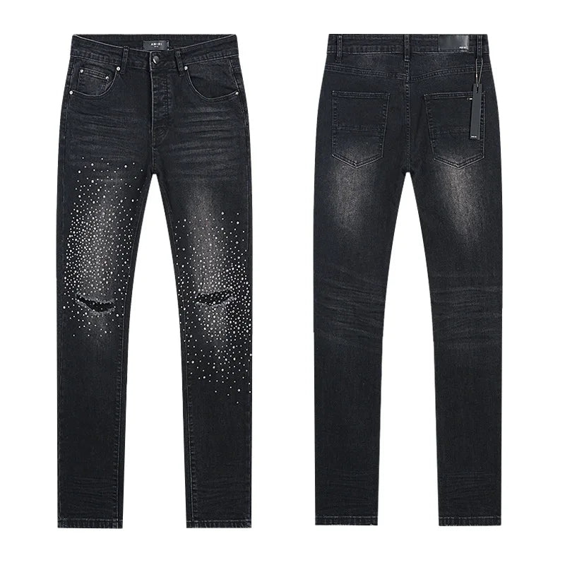 High Quality Luxury Designer Brand Amiriy Vintage Summer Mid Slim Fit Distressed Rhinestone 100% Cotton Denim Jeans Streetwear