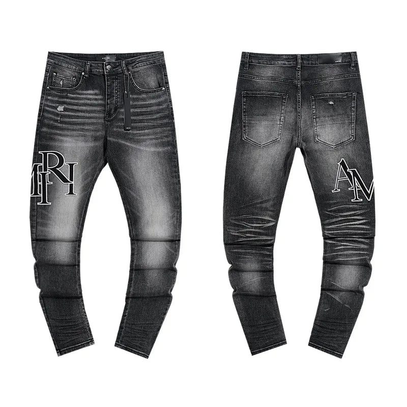 High Quality Luxury Designer Brand Amiriy Vintage Summer Mid Slim Fit Distressed Rhinestone 100% Cotton Denim Jeans Streetwear