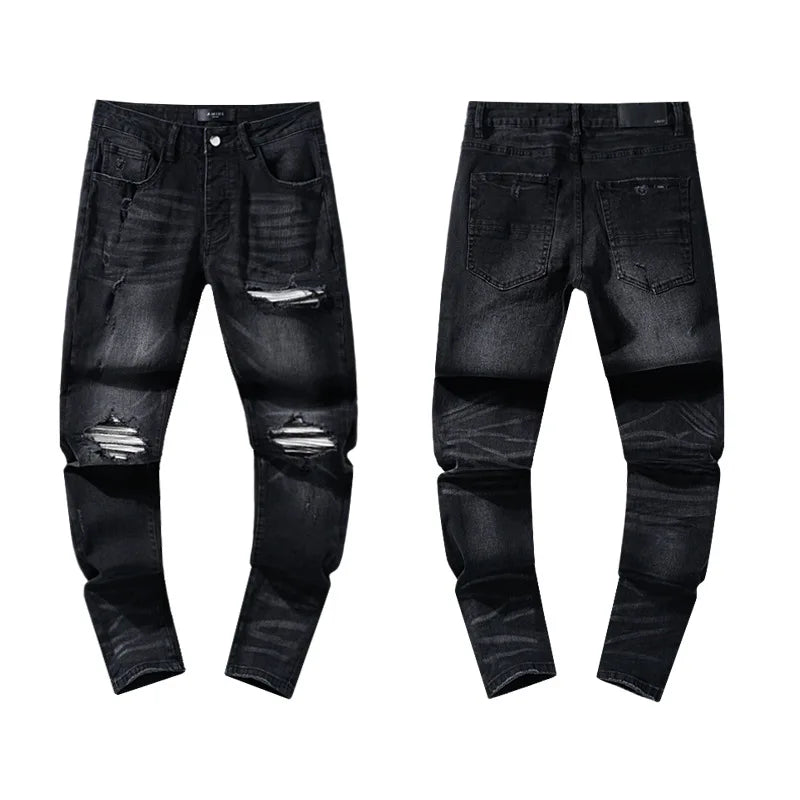 High Quality Luxury Designer Brand Amiriy Vintage Summer Mid Slim Fit Distressed Rhinestone 100% Cotton Denim Jeans Streetwear