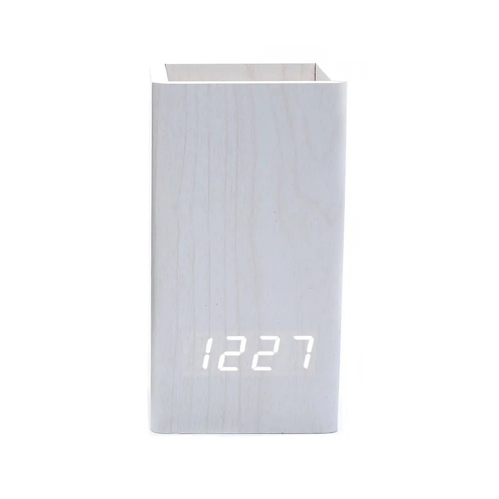 Wooden Alarm Clock Digital Temperature Pen Holder Table Clock for Gift Promotion with Cheapest Price Led Desk Clock logo Custom