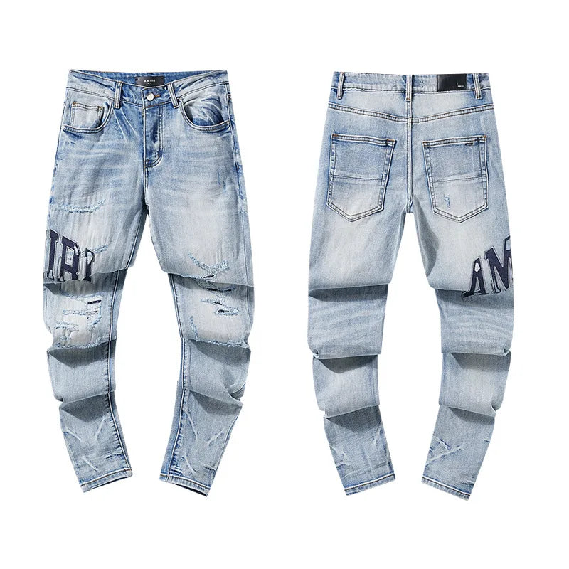 High Quality Luxury Designer Brand Amiriy Vintage Summer Mid Slim Fit Distressed Rhinestone 100% Cotton Denim Jeans Streetwear