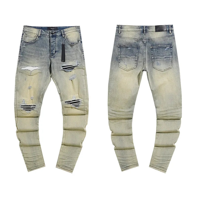 High Quality Luxury Designer Brand Amiriy Vintage Summer Mid Slim Fit Distressed Rhinestone 100% Cotton Denim Jeans Streetwear