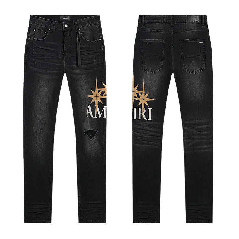 High Quality Luxury Designer Brand Amiriy Vintage Summer Mid Slim Fit Distressed Rhinestone 100% Cotton Denim Jeans Streetwear