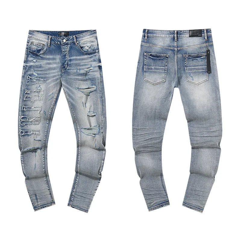 High Quality Luxury Designer Brand Amiriy Vintage Summer Mid Slim Fit Distressed Rhinestone 100% Cotton Denim Jeans Streetwear
