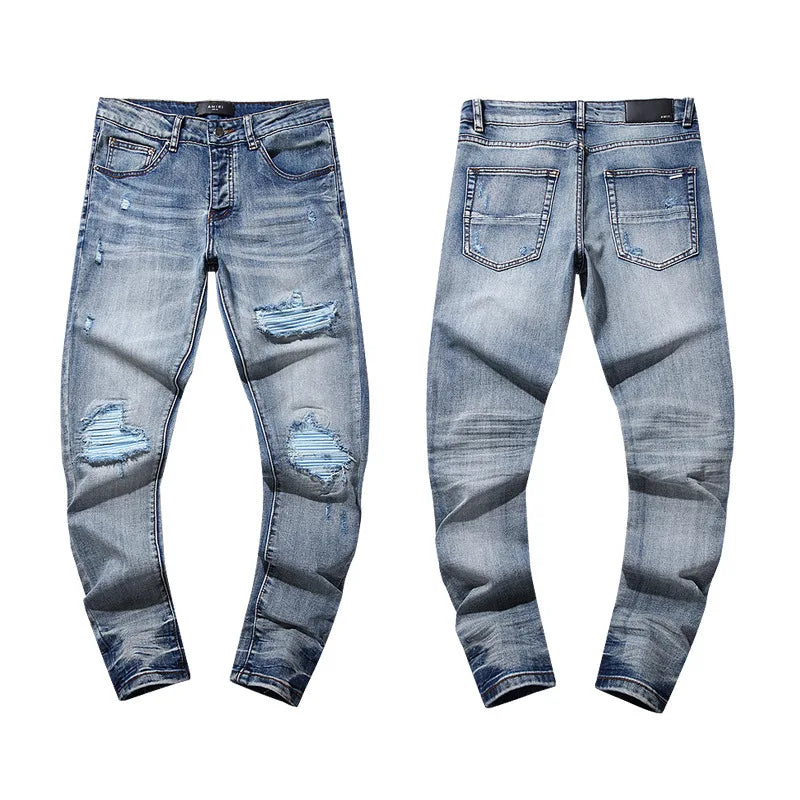 High Quality Luxury Designer Brand Amiriy Vintage Summer Mid Slim Fit Distressed Rhinestone 100% Cotton Denim Jeans Streetwear