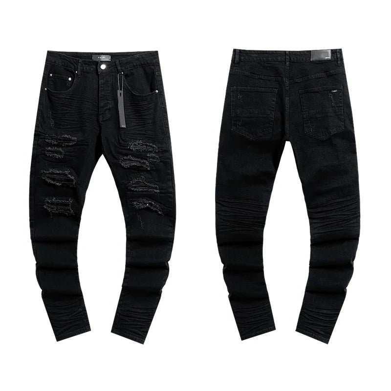 High Quality Luxury Designer Brand Amiriy Vintage Summer Mid Slim Fit Distressed Rhinestone 100% Cotton Denim Jeans Streetwear