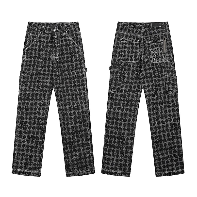 High Quality Luxury Designer Brand Amiriy Vintage Summer Mid Slim Fit Distressed Rhinestone 100% Cotton Denim Jeans Streetwear