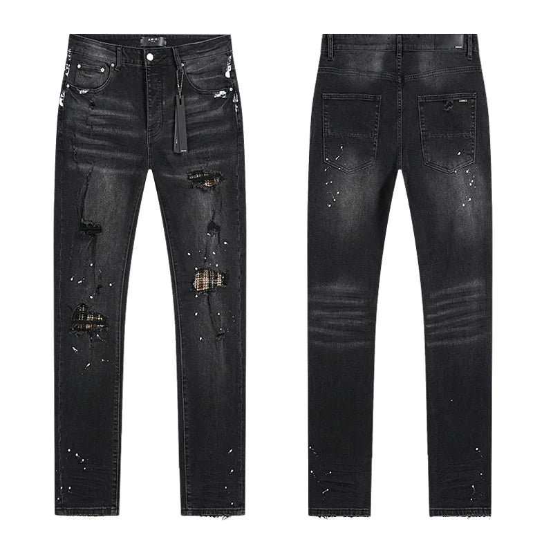 High Quality Luxury Designer Brand Amiriy Vintage Summer Mid Slim Fit Distressed Rhinestone 100% Cotton Denim Jeans Streetwear