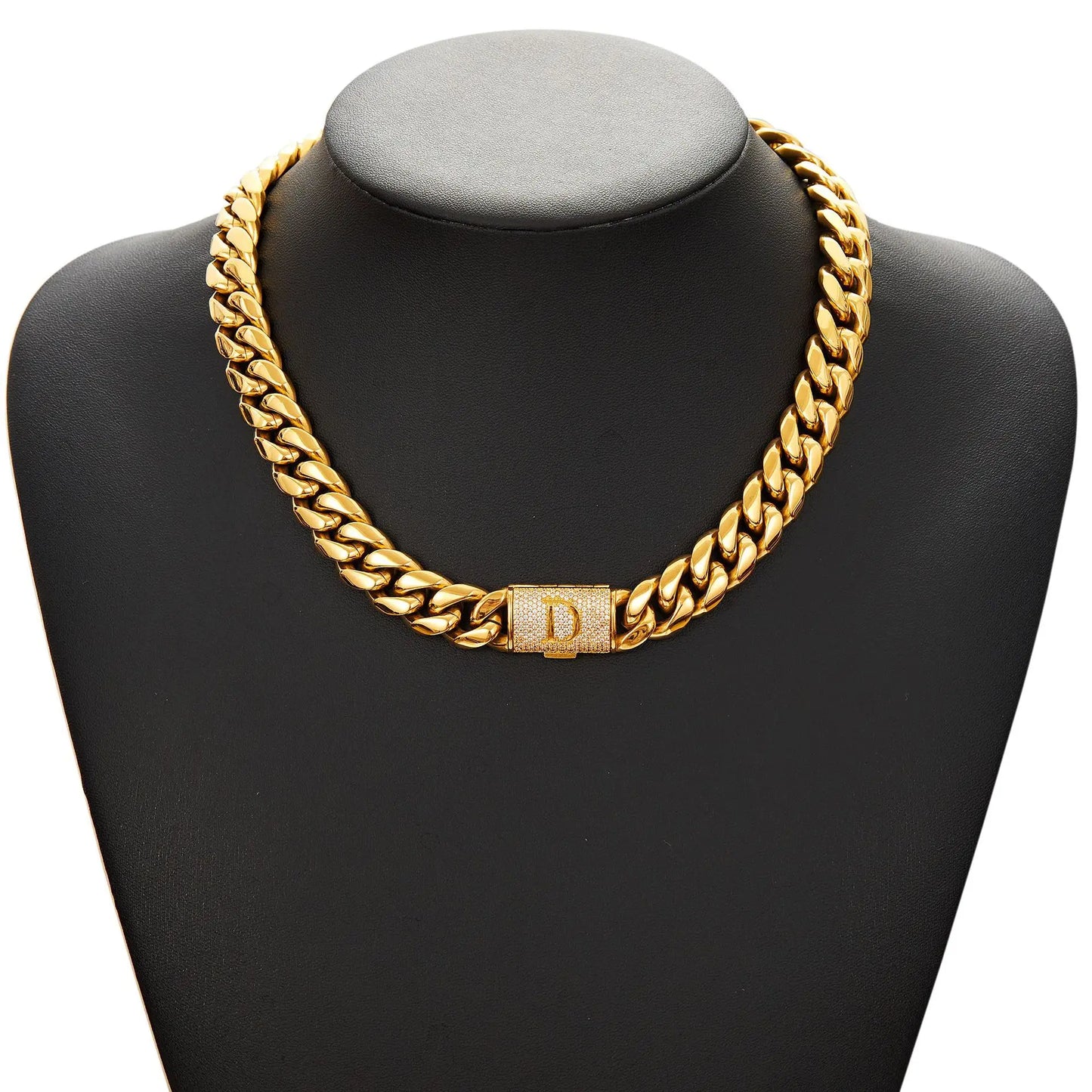 Trendy 18K Gold Stainless Steel Men's Necklace with 26 English Letters & Flip Clasp 14mm Cuban Link Chain Party Gifts