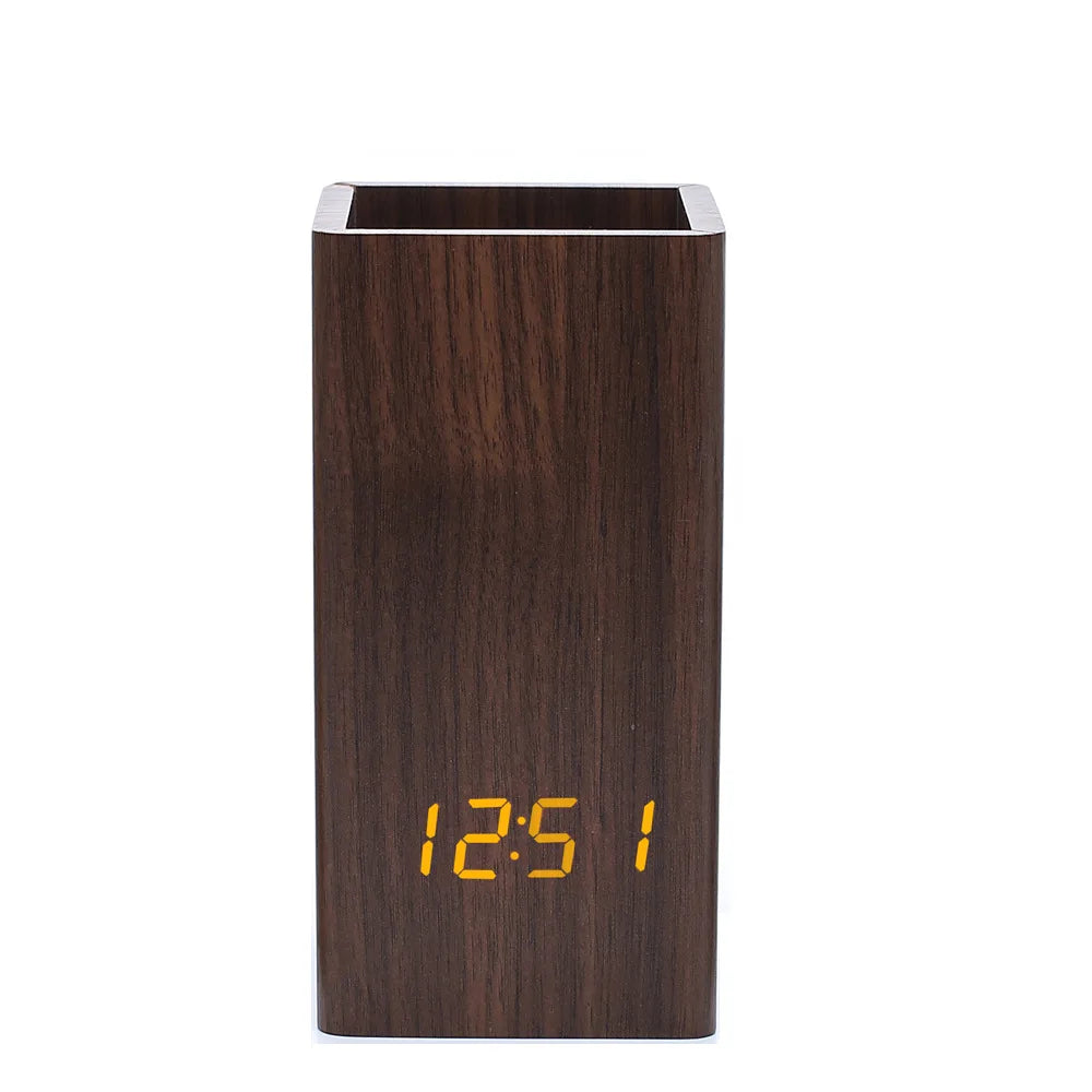 Wooden Alarm Clock Digital Temperature Pen Holder Table Clock for Gift Promotion with Cheapest Price Led Desk Clock logo Custom