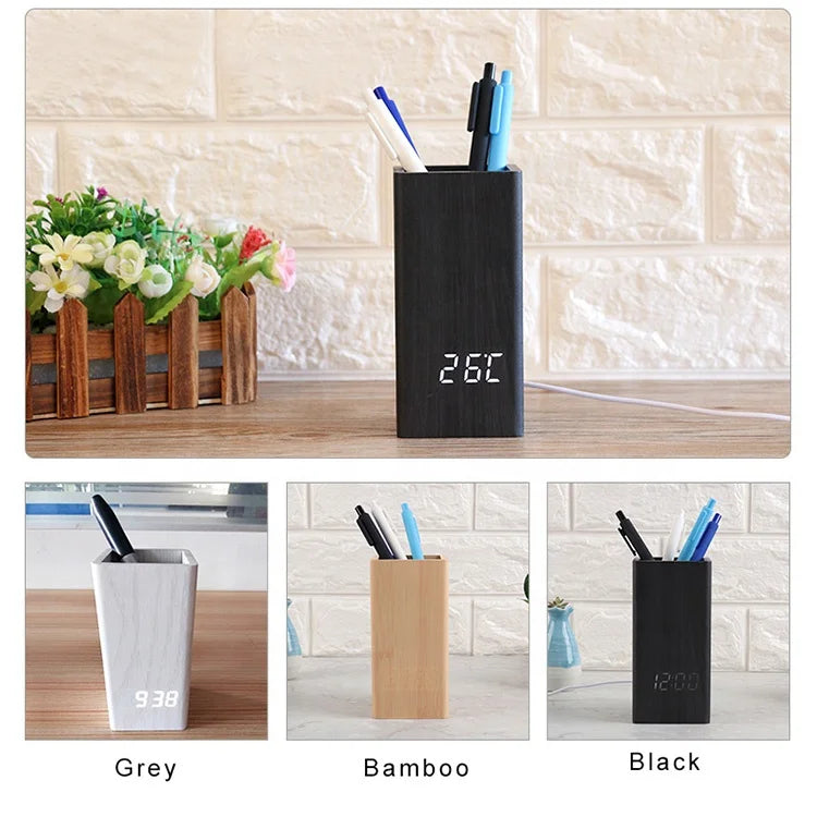 Wooden Alarm Clock Digital Temperature Pen Holder Table Clock for Gift Promotion with Cheapest Price Led Desk Clock logo Custom