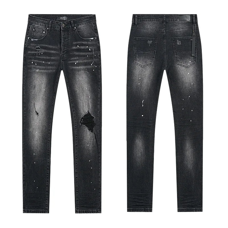 High Quality Luxury Designer Brand Amiriy Vintage Summer Mid Slim Fit Distressed Rhinestone 100% Cotton Denim Jeans Streetwear