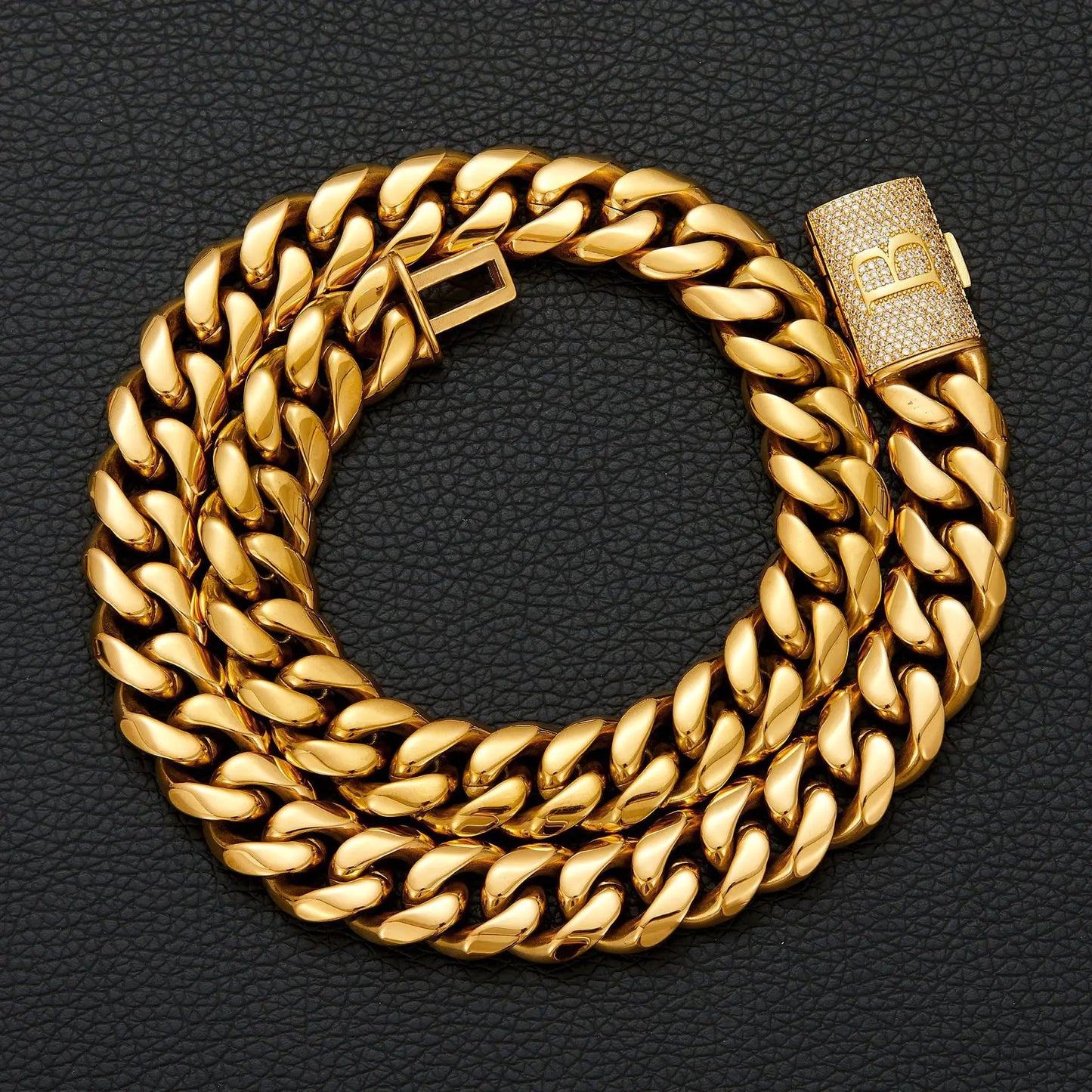 Trendy 18K Gold Stainless Steel Men's Necklace with 26 English Letters & Flip Clasp 14mm Cuban Link Chain Party Gifts