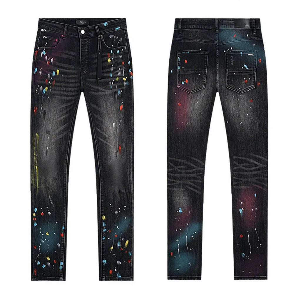 High Quality Luxury Designer Brand Amiriy Vintage Summer Mid Slim Fit Distressed Rhinestone 100% Cotton Denim Jeans Streetwear