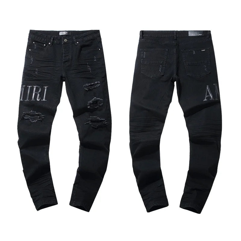 High Quality Luxury Designer Brand Amiriy Vintage Summer Mid Slim Fit Distressed Rhinestone 100% Cotton Denim Jeans Streetwear
