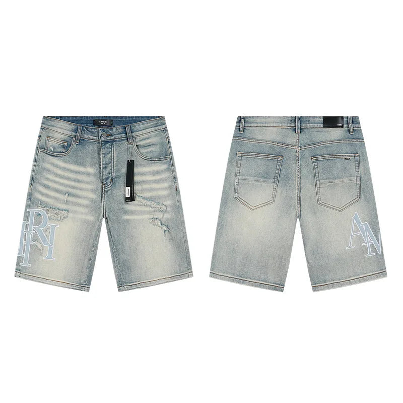 High Quality Luxury Designer Brand Amiriy Vintage Summer Mid Slim Fit Distressed Rhinestone 100% Cotton Denim Jeans Streetwear