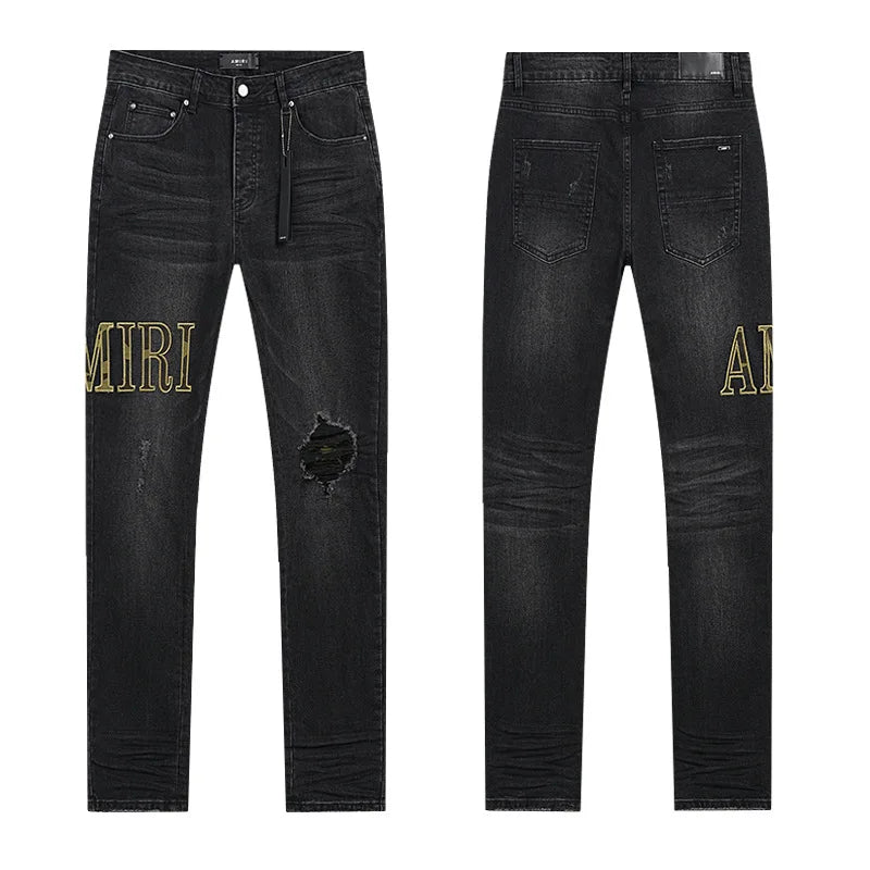 High Quality Luxury Designer Brand Amiriy Vintage Summer Mid Slim Fit Distressed Rhinestone 100% Cotton Denim Jeans Streetwear