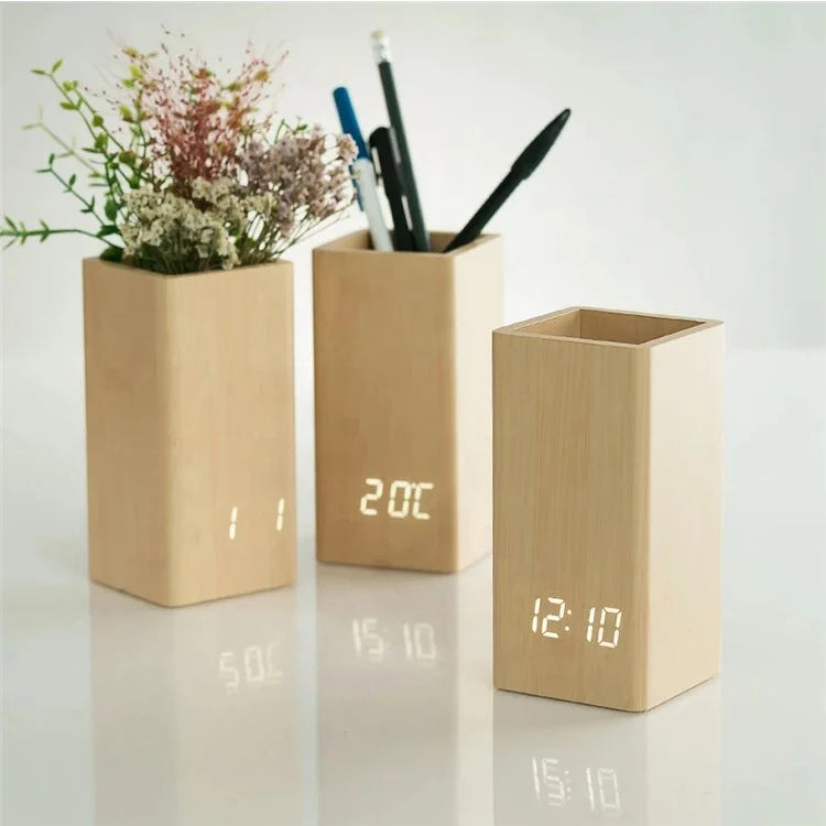 Wooden Alarm Clock Digital Temperature Pen Holder Table Clock for Gift Promotion with Cheapest Price Led Desk Clock logo Custom