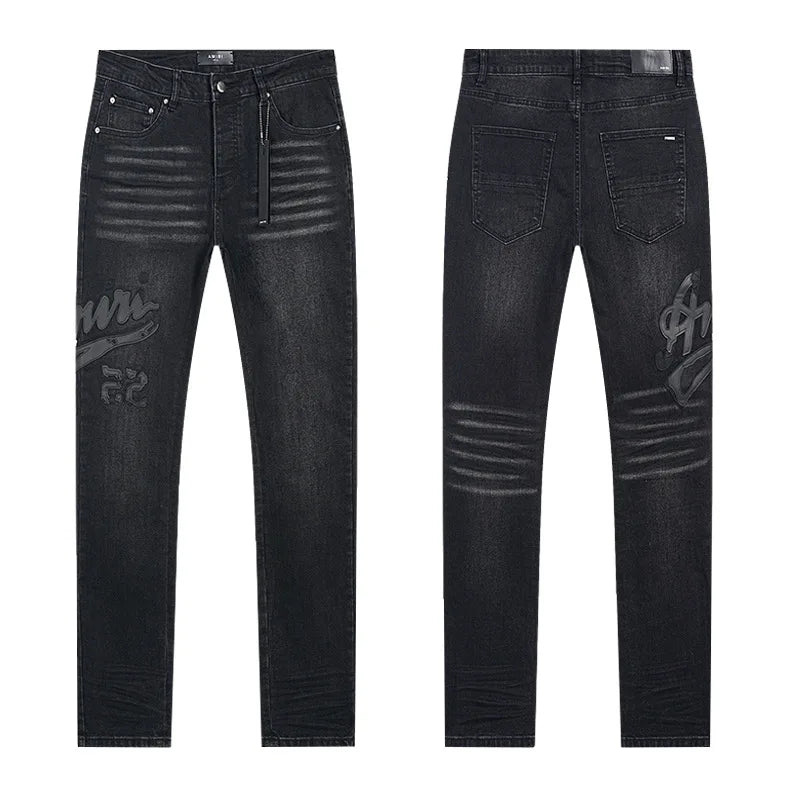 High Quality Luxury Designer Brand Amiriy Vintage Summer Mid Slim Fit Distressed Rhinestone 100% Cotton Denim Jeans Streetwear