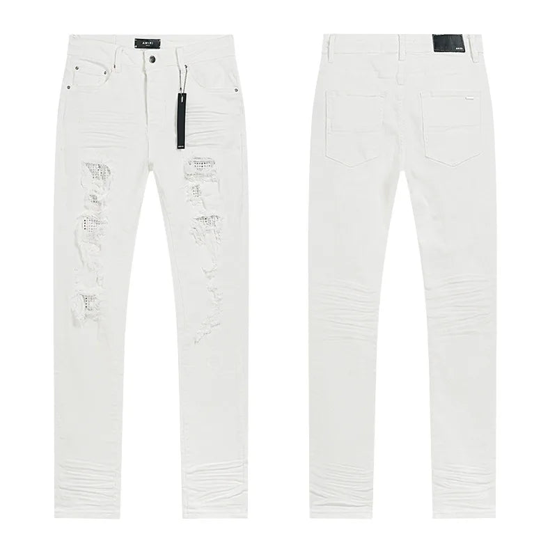 High Quality Luxury Designer Brand Amiriy Vintage Summer Mid Slim Fit Distressed Rhinestone 100% Cotton Denim Jeans Streetwear