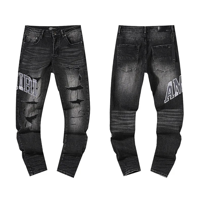 High Quality Luxury Designer Brand Amiriy Vintage Summer Mid Slim Fit Distressed Rhinestone 100% Cotton Denim Jeans Streetwear