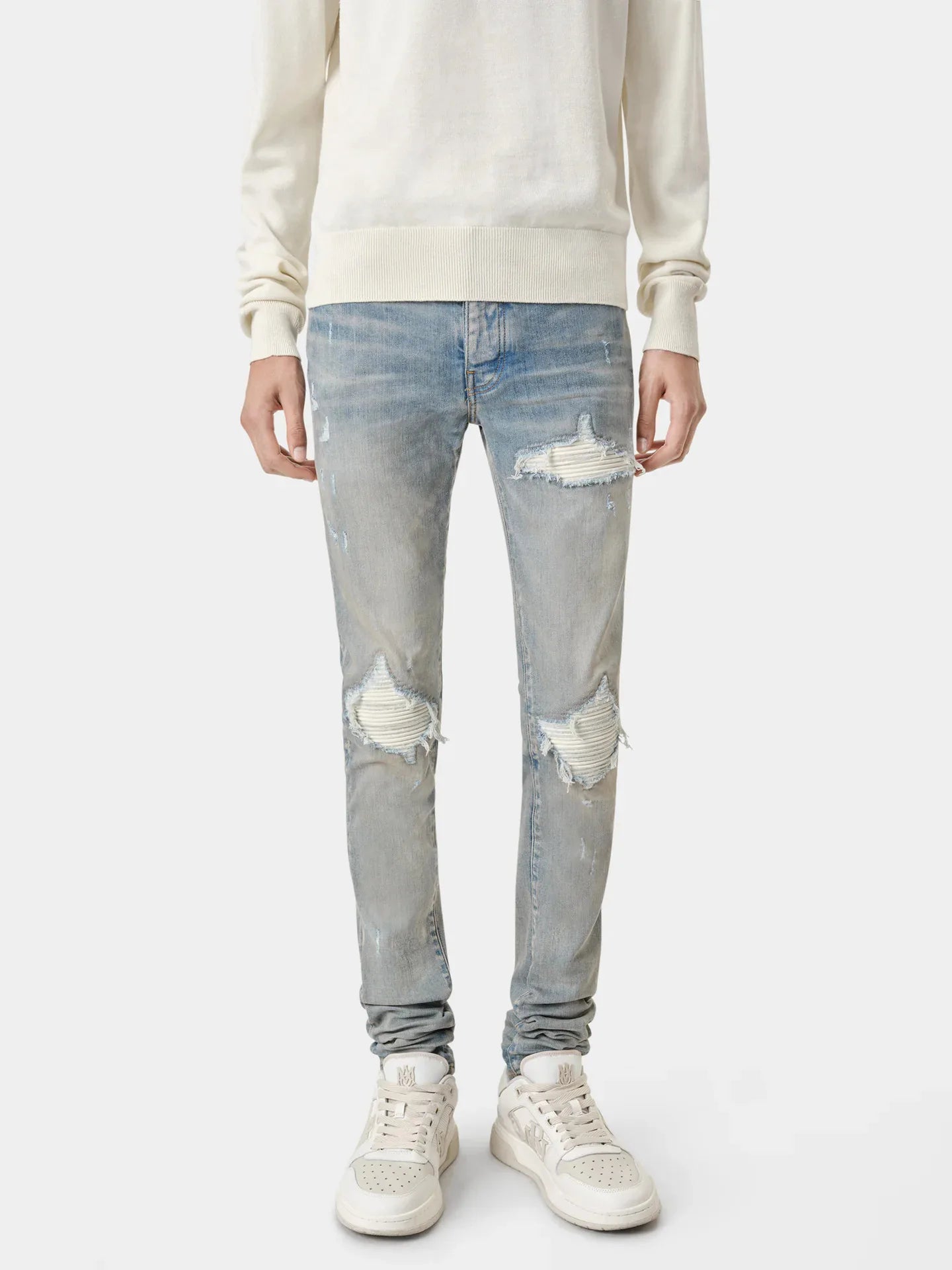 High Quality Luxury Designer Brand Amiriy Vintage Summer Mid Slim Fit Distressed Rhinestone 100% Cotton Denim Jeans Streetwear