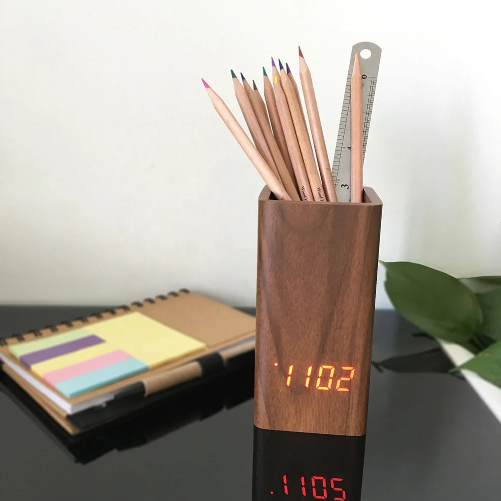 Wooden Alarm Clock Digital Temperature Pen Holder Table Clock for Gift Promotion with Cheapest Price Led Desk Clock logo Custom