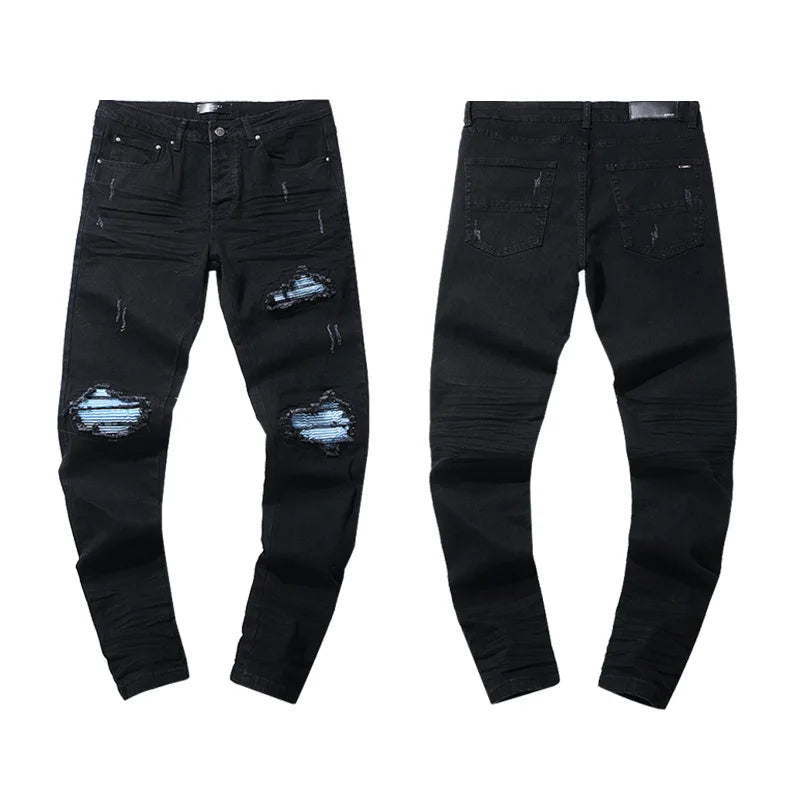 High Quality Luxury Designer Brand Amiriy Vintage Summer Mid Slim Fit Distressed Rhinestone 100% Cotton Denim Jeans Streetwear