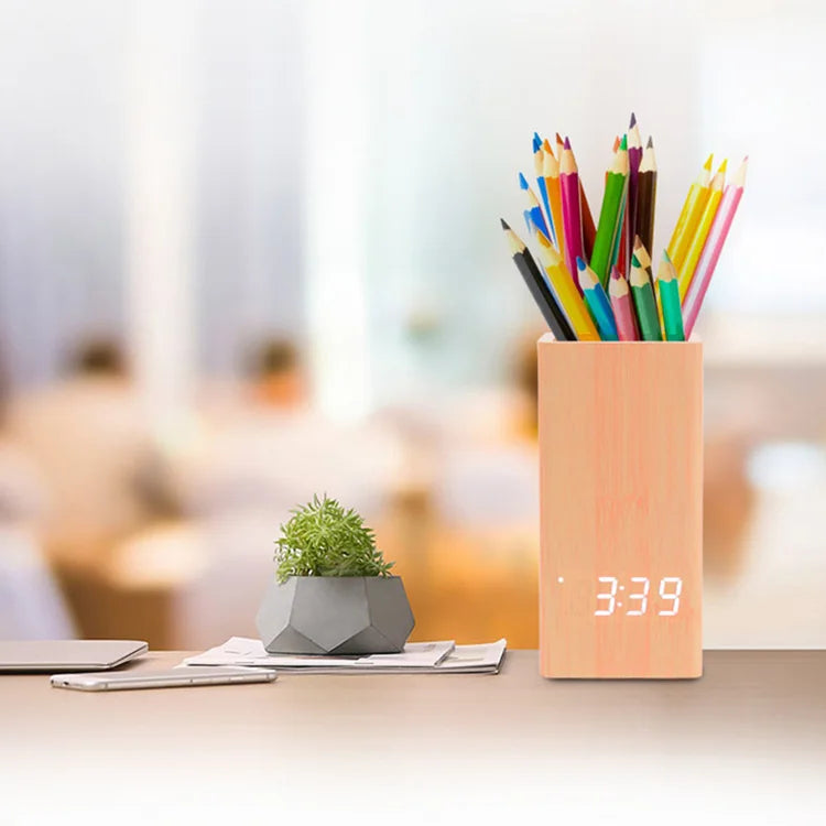 Wooden Alarm Clock Digital Temperature Pen Holder Table Clock for Gift Promotion with Cheapest Price Led Desk Clock logo Custom