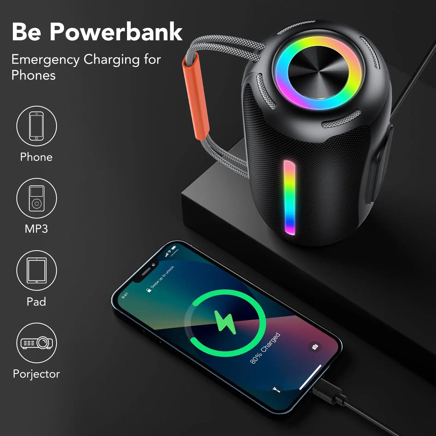 S360 RGB Lamp Subwoofers with FM Radio Support TF Card & USB Flash Drives Portable Handheld Bluetooth Speaker for Party Travel