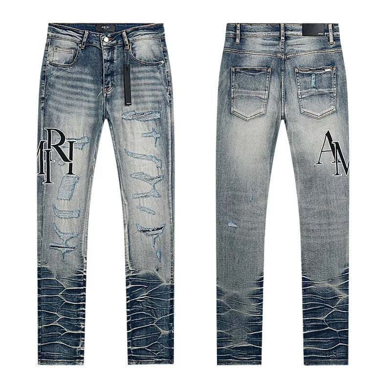 High Quality Luxury Designer Brand Amiriy Vintage Summer Mid Slim Fit Distressed Rhinestone 100% Cotton Denim Jeans Streetwear