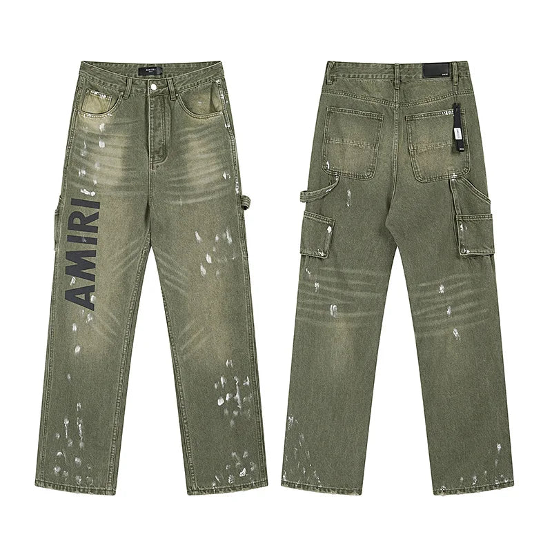 High Quality Luxury Designer Brand Amiriy Vintage Summer Mid Slim Fit Distressed Rhinestone 100% Cotton Denim Jeans Streetwear