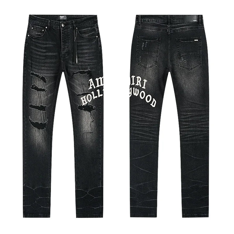 High Quality Luxury Designer Brand Amiriy Vintage Summer Mid Slim Fit Distressed Rhinestone 100% Cotton Denim Jeans Streetwear