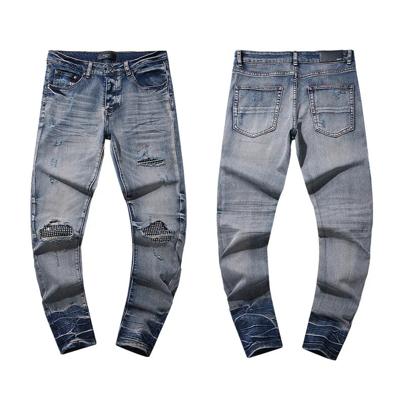 High Quality Luxury Designer Brand Amiriy Vintage Summer Mid Slim Fit Distressed Rhinestone 100% Cotton Denim Jeans Streetwear