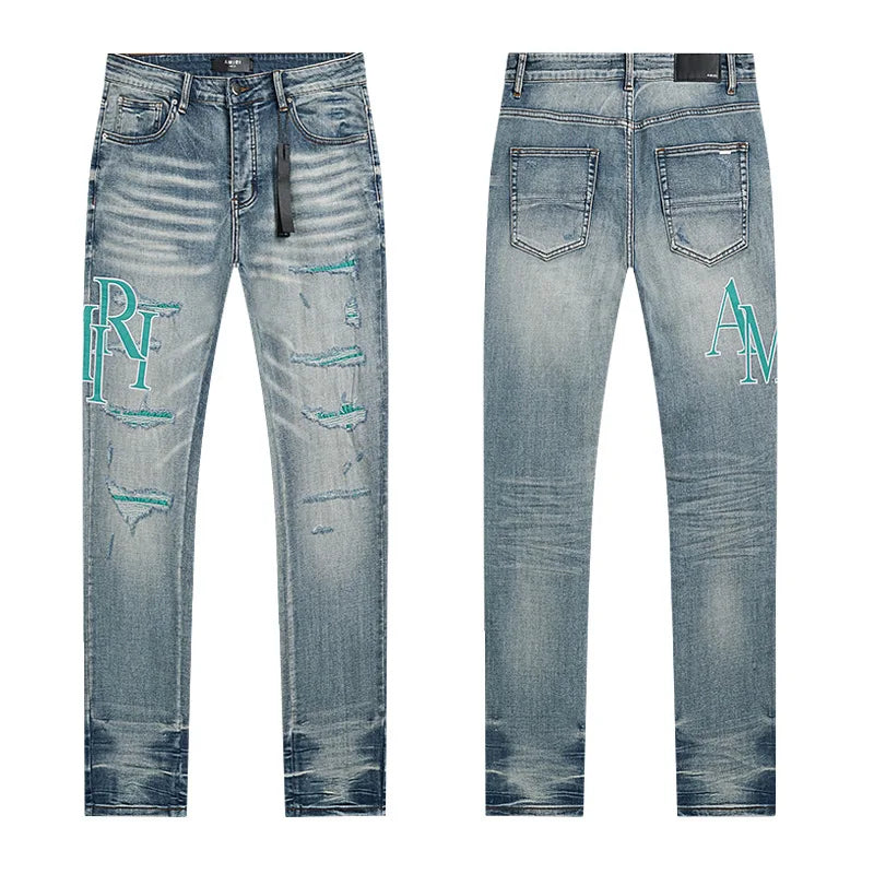 High Quality Luxury Designer Brand Amiriy Vintage Summer Mid Slim Fit Distressed Rhinestone 100% Cotton Denim Jeans Streetwear