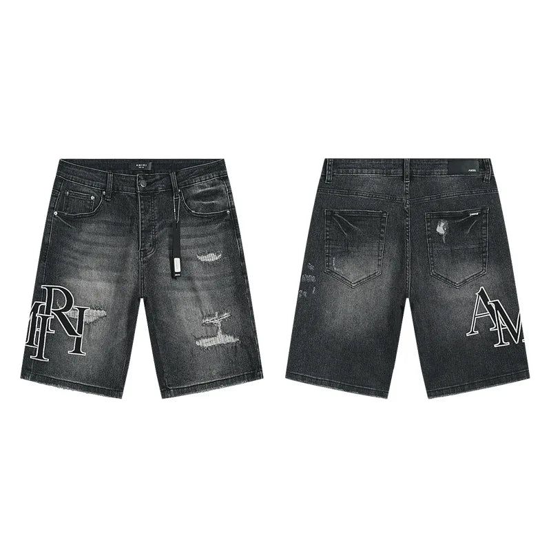 High Quality Luxury Designer Brand Amiriy Vintage Summer Mid Slim Fit Distressed Rhinestone 100% Cotton Denim Jeans Streetwear