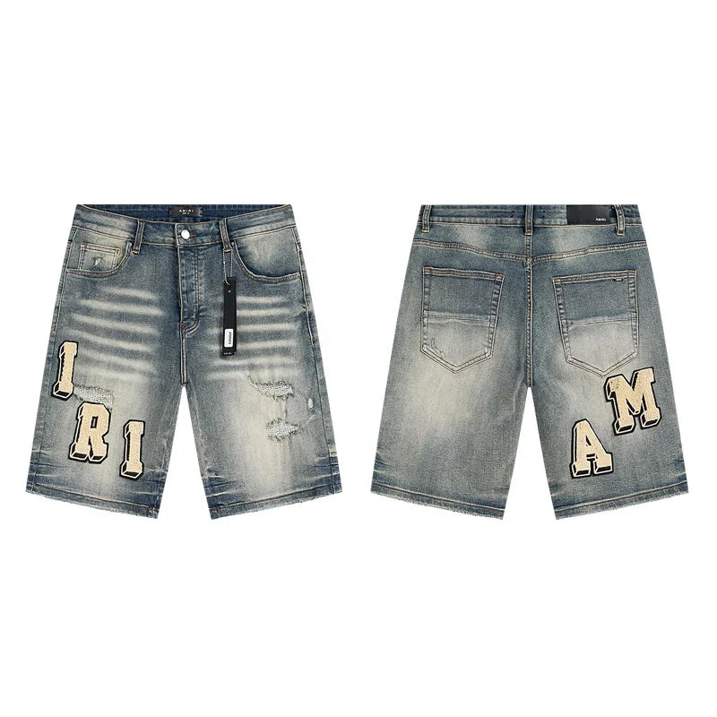 High Quality Luxury Designer Brand Amiriy Vintage Summer Mid Slim Fit Distressed Rhinestone 100% Cotton Denim Jeans Streetwear