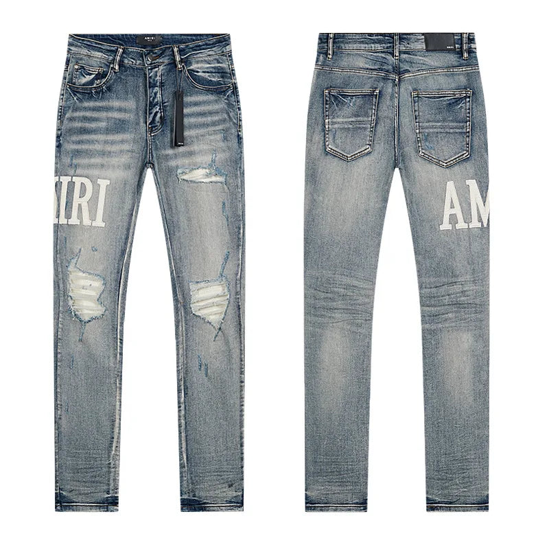 High Quality Luxury Designer Brand Amiriy Vintage Summer Mid Slim Fit Distressed Rhinestone 100% Cotton Denim Jeans Streetwear