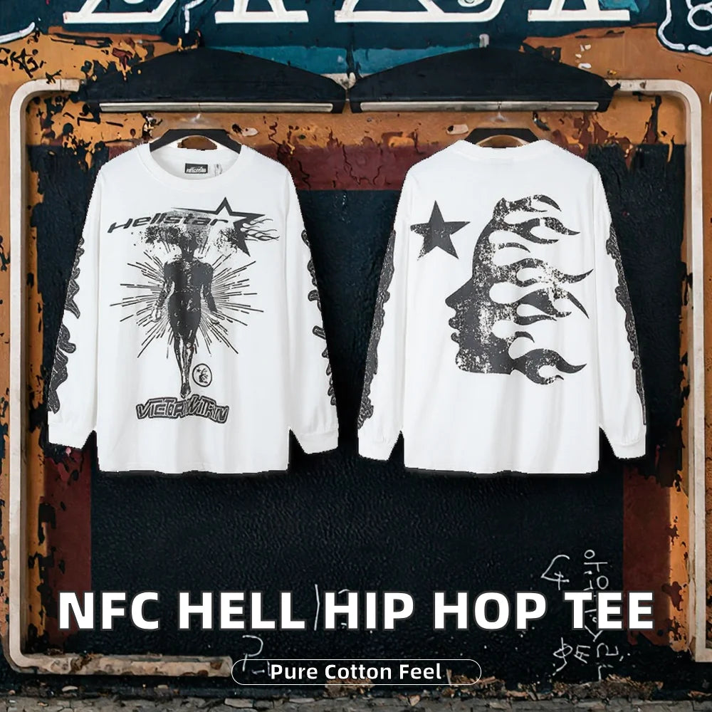 NFC HELL American Style Hip Hop Jersey 500g Long Sleeve Men's Sweatshirt Regular Fit 100% Cotton Print Trendy Casual Street