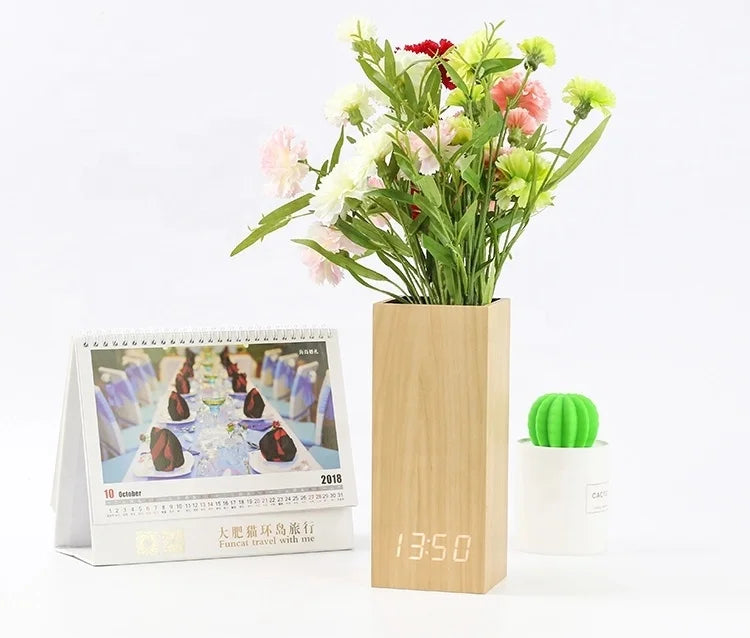 Wooden Alarm Clock Digital Temperature Pen Holder Table Clock for Gift Promotion with Cheapest Price Led Desk Clock logo Custom