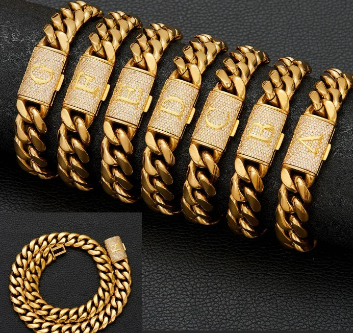 Trendy 18K Gold Stainless Steel Men's Necklace with 26 English Letters & Flip Clasp 14mm Cuban Link Chain Party Gifts