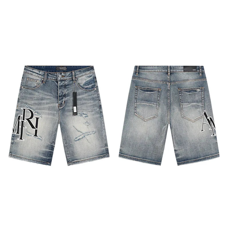 High Quality Luxury Designer Brand Amiriy Vintage Summer Mid Slim Fit Distressed Rhinestone 100% Cotton Denim Jeans Streetwear