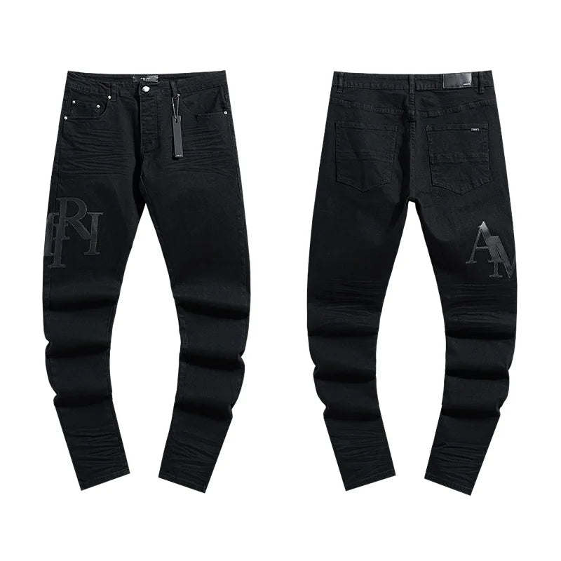 High Quality Luxury Designer Brand Amiriy Vintage Summer Mid Slim Fit Distressed Rhinestone 100% Cotton Denim Jeans Streetwear