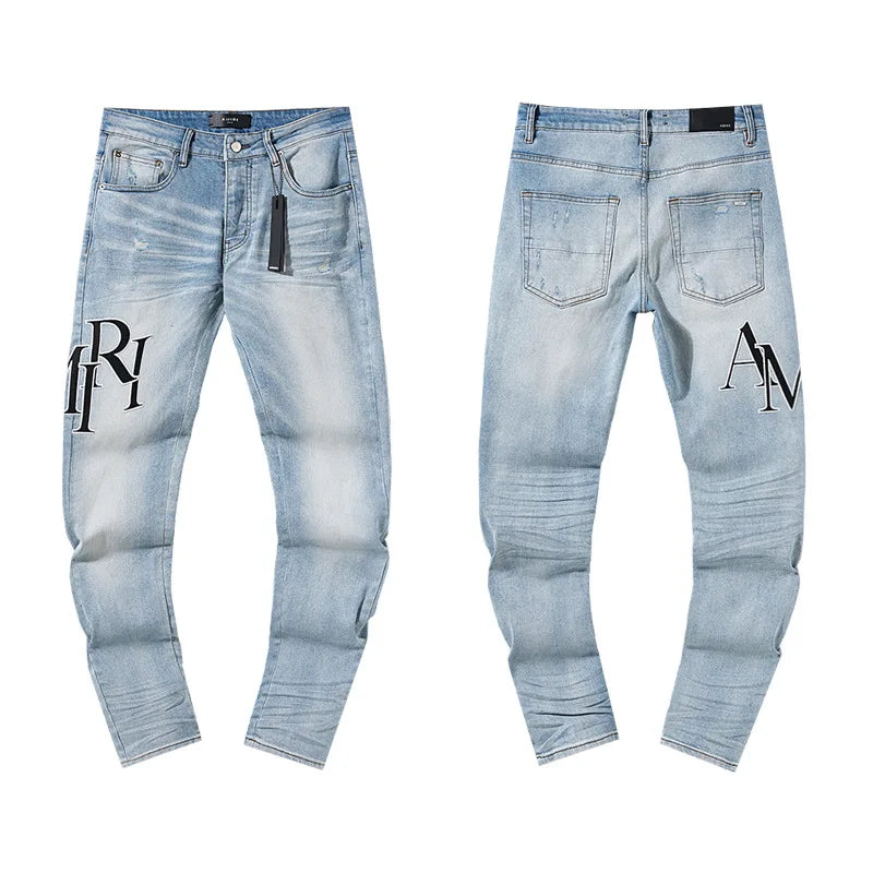 High Quality Luxury Designer Brand Amiriy Vintage Summer Mid Slim Fit Distressed Rhinestone 100% Cotton Denim Jeans Streetwear