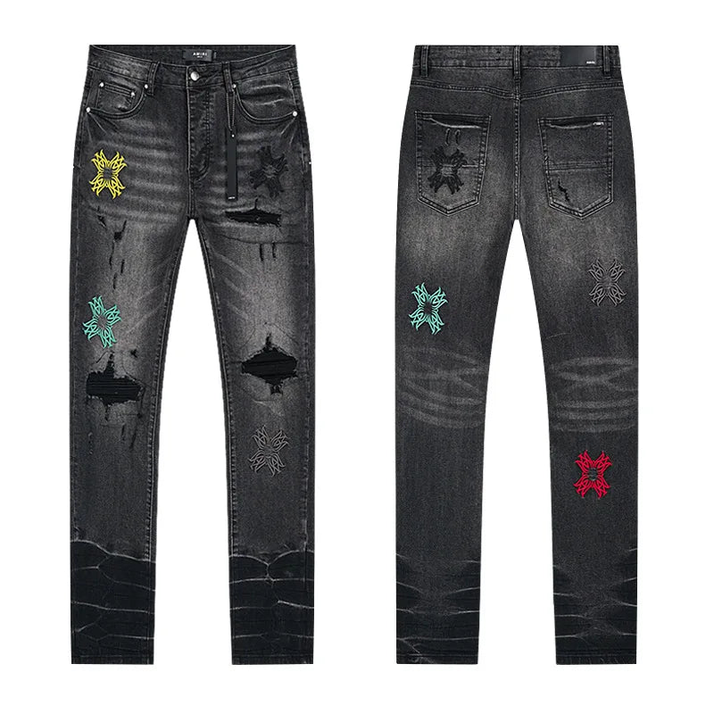 High Quality Luxury Designer Brand Amiriy Vintage Summer Mid Slim Fit Distressed Rhinestone 100% Cotton Denim Jeans Streetwear